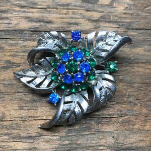 Vintage Sapphire Blue + Emerald Green Rhinestone Silver-tone Leaf Brooch